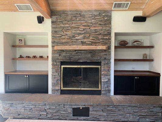 Game room cabinets with floating shelves