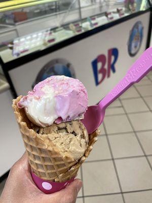 Secret admirer and Jamocha Almond Fudge on a waffle cone