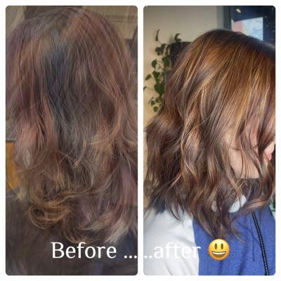 Before and after hair color transformation