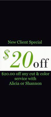 Come try us out! New clients will receive $20.00 off any cut & color service with either off our talented stylists Alicia & Shannon