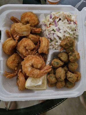 Jumbo fried shrimp with okra and cole slaw