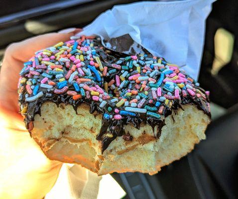 Chocolate covered donut with sprinkles