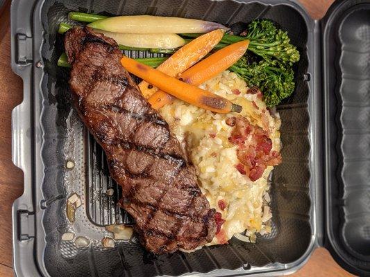 January Steak Special still in takeout box. That's a pretty looking dinner!