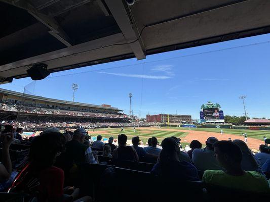 View from section 106 row 15 at the Dayton Dragons ballpark. Nice and shady seating area.