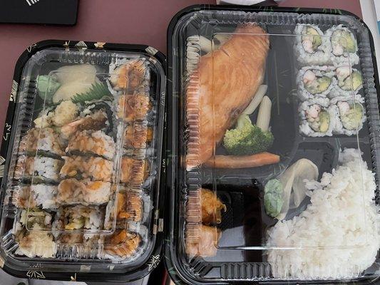 Salmon Teriyaki Lunch Box, Sweet Potato Roll, Shrimp Tempura Roll, Chicken Tempura Roll