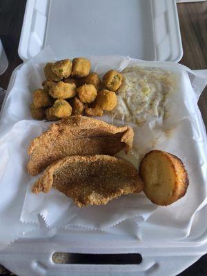 Fried catfish, fried okra, fried corn & corn bread. Corn was a little on the cold side. Everything else tasted hot and fresh.