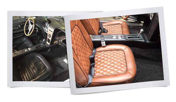 Before and after image of a mid-1960's Shelby Cobra leather seat reupholstery project.