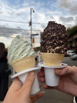 Mint chip oat milk soft serve and coffee soft serve