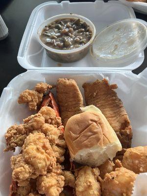 Lobster bites, shrimp & grouper with peas with okra