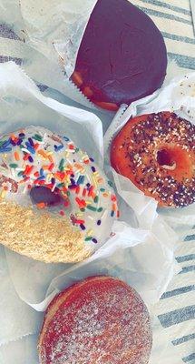 Boston cream donut, everything bagel donut, kiddie cone and Sally's exclusive donut