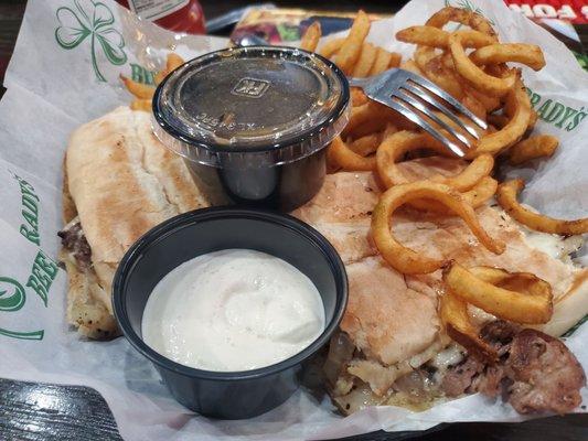 Prime Rib Garlic Melt with curly fries