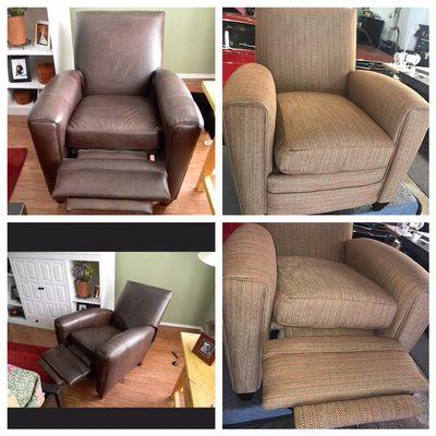 Transformed leather recliner to beautiful fabric design!