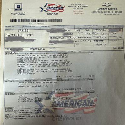 New diagnostic from American Chevrolet for the engine light, total price $36.