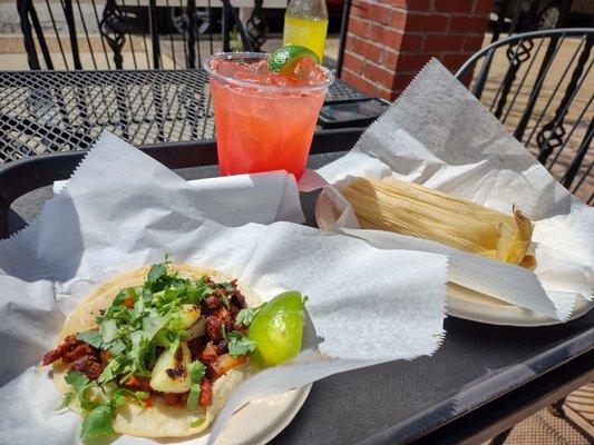 Tamales, a street taco and a Strawberry Margarita