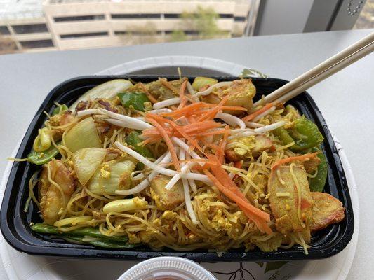 Take out Singapore Noodles.  Super tasty and great portion size!  [GF]