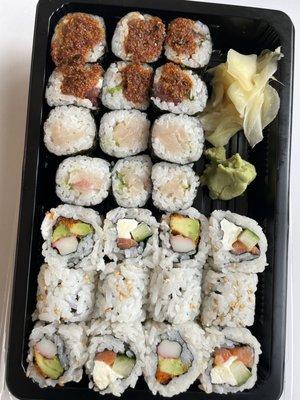 Philly roll, spicy tuna roll, California roll, yellow tail roll