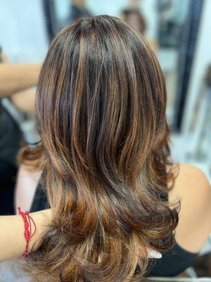 Copper highlights layered haircut