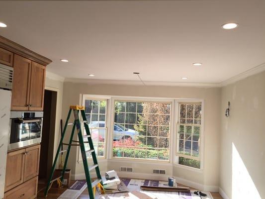 Breakfast nook recessed lighting and awaiting fan installation