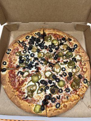 Large two topping pizza: jalapeños and black olives