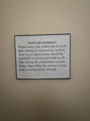 Notice in Table Acupressure room