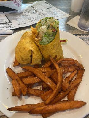 Avocado feta shrimp wrap with sweet potato fries