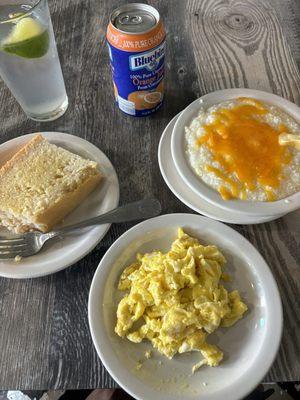 Scrambled Eggs, Grits, Johnny Cake Orange Juice