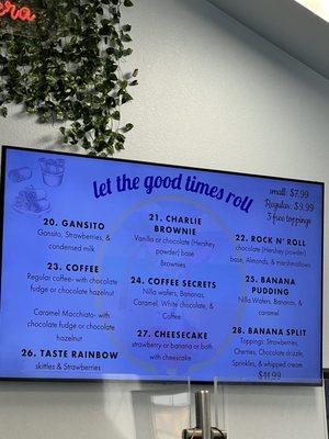 Rolled ice cream menu