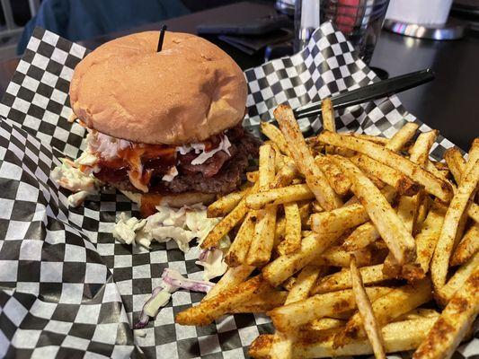 Totally Slawesome Burger (coleslaw, bacon, and bbq) with tomatoes added   Cajun fries