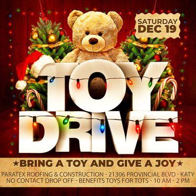 Toy Drive on 12/19/2020 10am - 2pm .. No contact donation. Just drop off a new, unwrapped toy without having to get out of your vehicle.