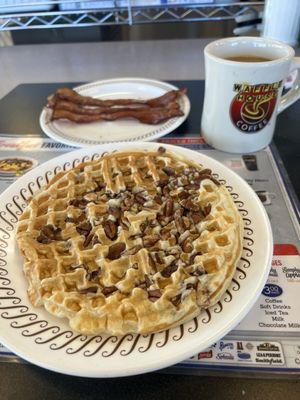 Delicious pecan waffle with extra pecans, bacon well and coffee. Always great.