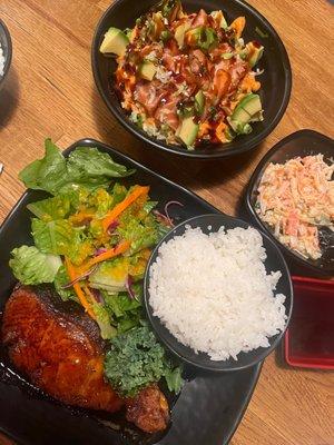 Kani Salad, Salmon Teriyaki, and Tuna Sushi Bowl