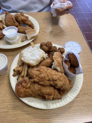 Chicken strips Fried Okra Biscuits Dinner rolls Corn nuggets( breaded cream of corn) Seasoned fries Gravy