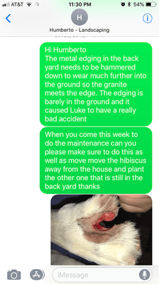 text messages  showing the damage to my pups foot and never any response