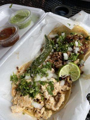 Pollo and Carnitas Tacos (left to right)