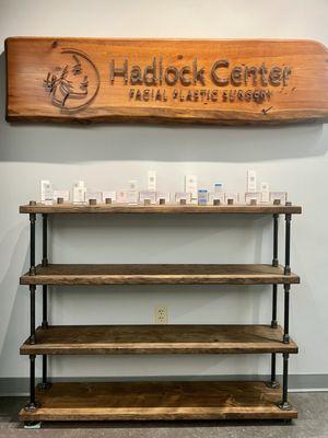 A display of skin and beauty products offered at the  Hadlock Center for facial plastic surgery