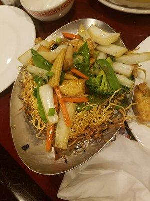 Cantonese (pan fried) noodles. So delicious and flavorful, but small portions, approximately $11. I ate some before taking the pic.