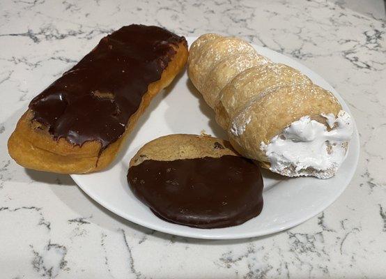 Chocolate Long John, Cream Horn and Dipped Chocolate Chip Cookie