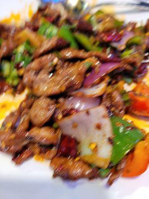 Cumin lamb with green and red pepper, and some spicy pepper