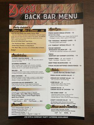 Dea's Back Bar Menu