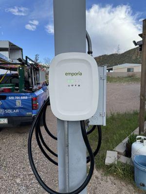 40A Emporia EV charger installation on a solar shade structure,