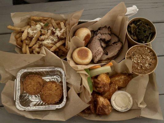 Garlic Parmesan Fries,Brisket - 1/2 LB,Kickin Collard Greens, Brisket Baked Beans, Craft Wings,Jalapeno Corn Bread