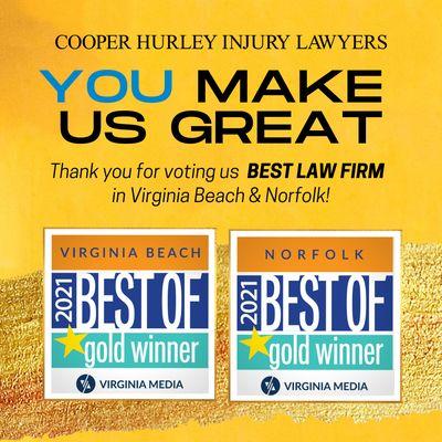 Cooper Hurley Injury Lawyers was named 2021 Best Law Firm of Virginia Beach and Norfolk.