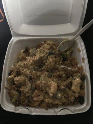 Steak, chicken, shrimp, rice, mushroom, broccoli yum yum sauce.