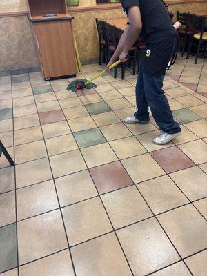 He asked me to move over and mop practically over my feet, the sense of urgency isn't there for my sandwich but to mop.