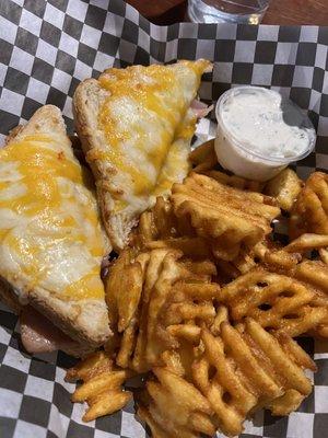 Baked Hot Ham & Cheese with Waffle Fries