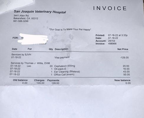 This is the receipt from the Vet Hospital that I ended up taking my dog to.