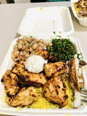 Chicken skewer plate with chickpeas & Tabbouleh. Good food but the Tabbouleh was so sour