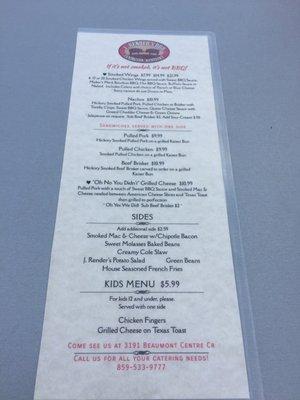 The limited 2017 menu of JRenders BBQ available at Jax