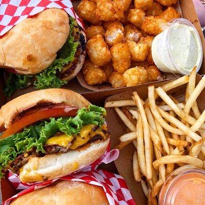 Burgers, Fries, and Tots.