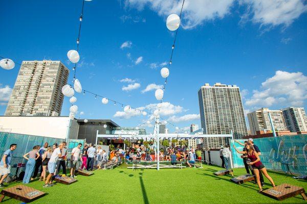 Play bags, big Jenga, beer pong and more on our rooftop!